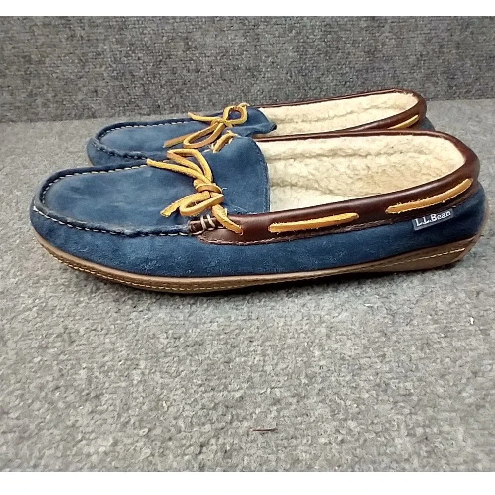 LL Bean Wicked Good Moccasins Mens 10 Blue Suede Shearling Slippers 252655
